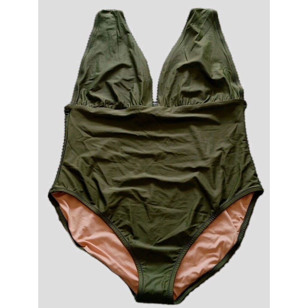 NWT RE-IMAGINED BY J CREW Womens 20 Plunge One Piece Bathing Suit Olive Green - Picture 2 of 8
